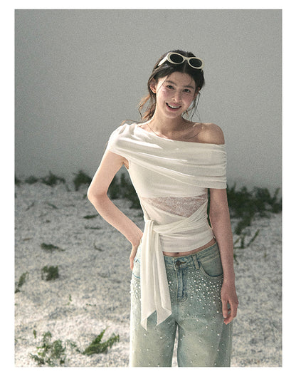 “Cicada Summer” Pure White Lace Cutout Top