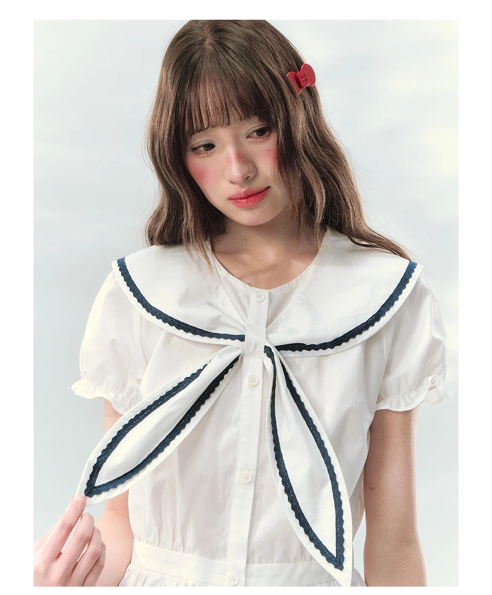 “Letter from Sea Isle” White & Navy Sailor Collar Blouse and Tiered Skirt Set