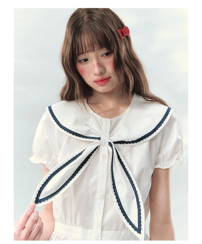 “Letter from Sea Isle” White & Navy Sailor Collar Blouse and Tiered Skirt Set
