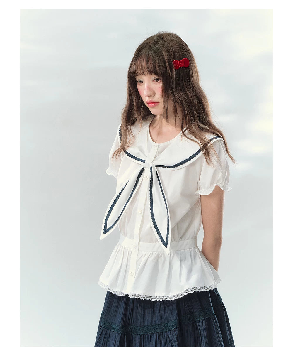 “Letter from Sea Isle” White & Navy Sailor Collar Blouse and Tiered Skirt Set