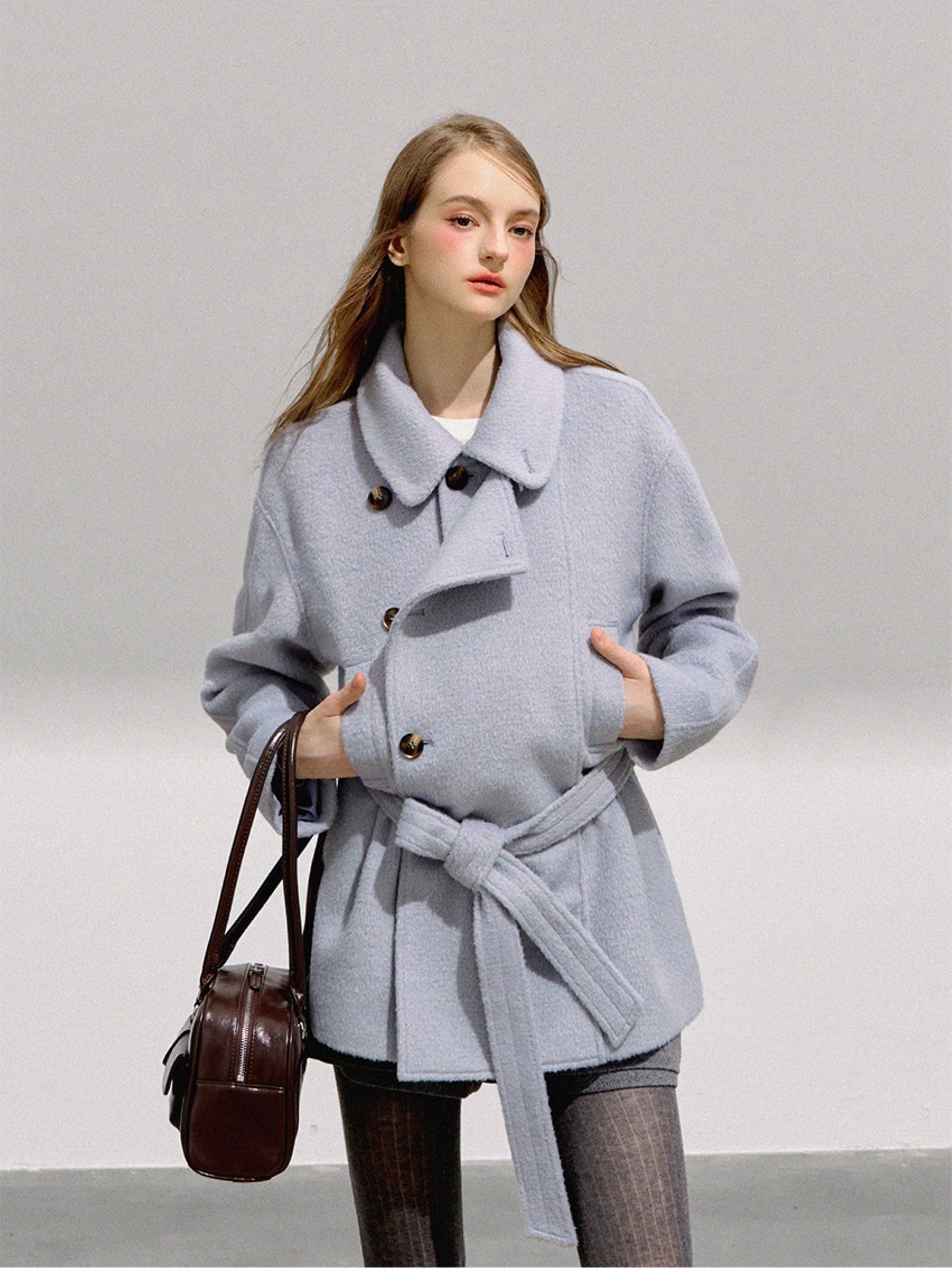 BOHOL BLING - Minimalist Double-Breasted Wool Short Coat with Belt