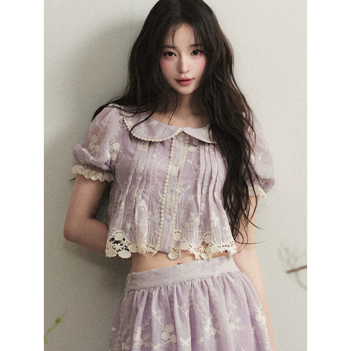1P - Light Purple Lace Embroidered Peter Pan Collar Two-Piece Set
