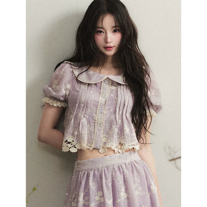 1P - Light Purple Lace Embroidered Peter Pan Collar Two-Piece Set