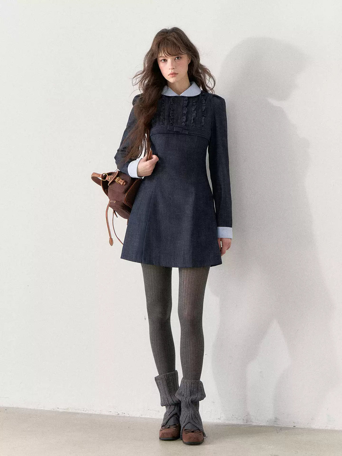 [TMMG] French Vintage Deep Navy Faux Two-Piece Ruffle Dress