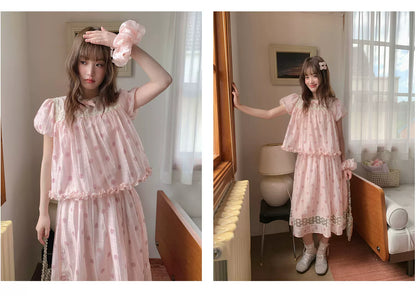[RF] “Peach Polka Daydream” Pink Polka Dot Two-Piece Skirt Set
