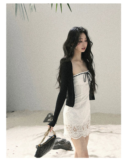 "Moonwoven Reverie" Cloud White Lace Bodycon Mini Dress & Serenity Black Cardigan 5132