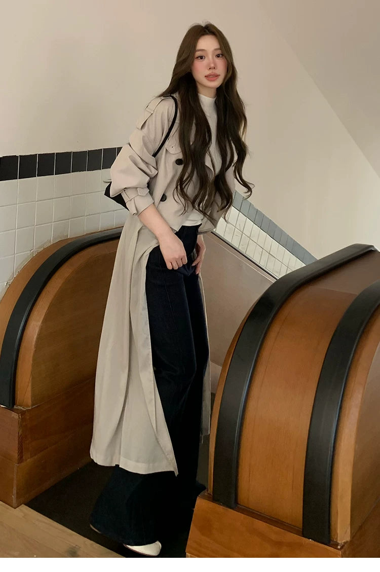 LaluneDuCiel - Beige Gray Double-Breasted Long Trench Coat