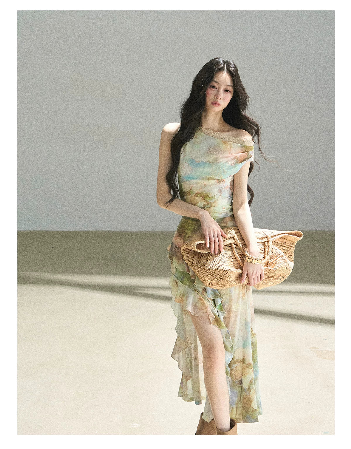 "Daisies & Poppies" Misty Meadow Off-Shoulder Lace Maxi Dress