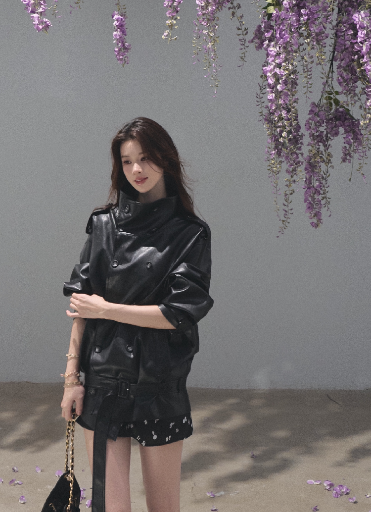 OAKMOO/ Belted Double-Breasted Trench Jacket (Deep Black / Hazel Khaki)
