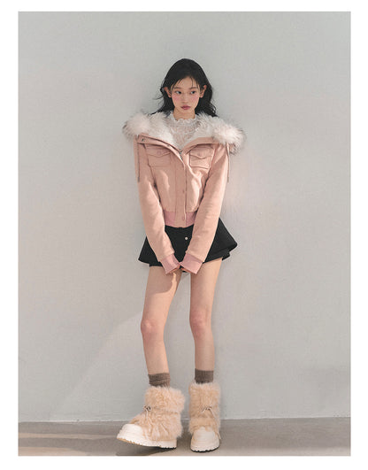 少也眼 “Snowvel Embrace” Hooded Sherpa Jacket - Cinnamon Pink 874351