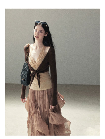 AOMALM - "Tender in This Moment" Rich Cocoa Faux Two-Piece Lace Top