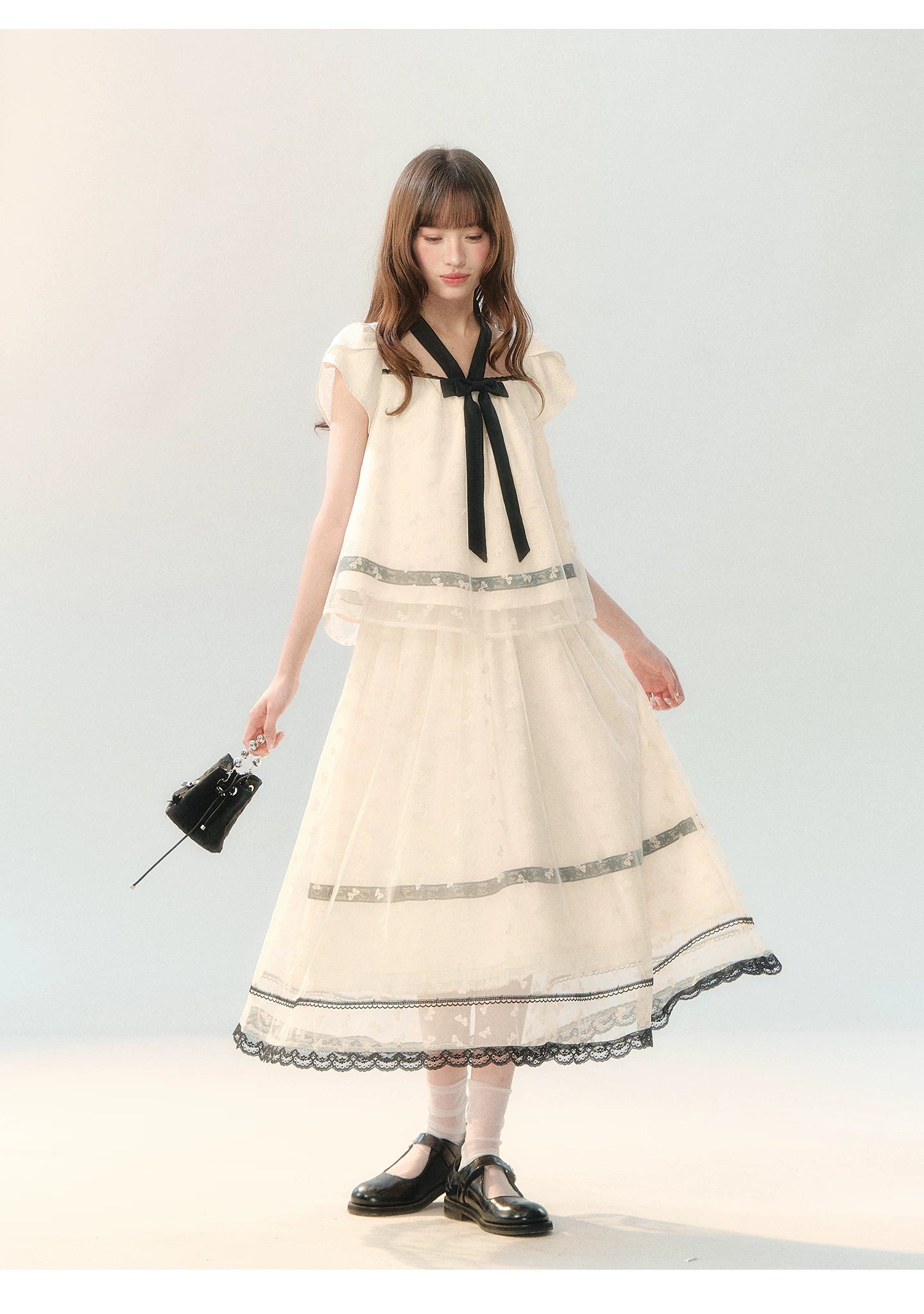 "Velvet Bow Butterfly" Apricot Flocked Tulle Skirt Set PP2026231
