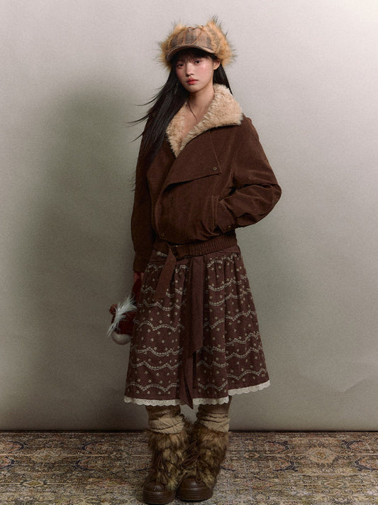 Soote Season - “Melard Mood” Retro Faux Suede Shearling-Trim Biker Jacket - Deep Roast Brown