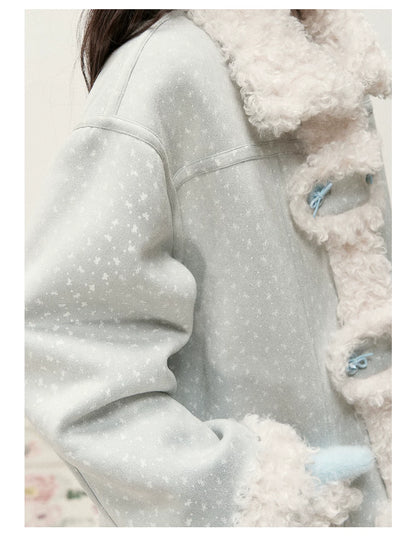 RF - Mist Blue Bow Print Suede-Look Jacket with Cream Curly Faux Fur Trim
