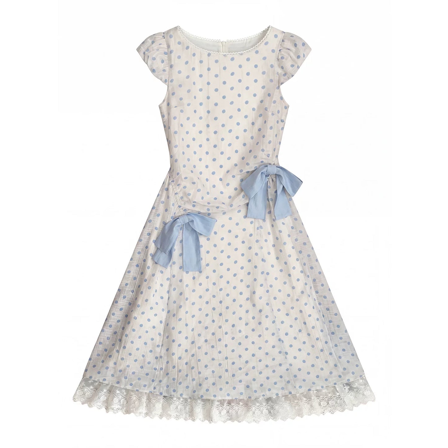 “Blue Mist Polka Reverie” Mist Blue Bow Lace Dress