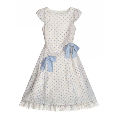 “Blue Mist Polka Reverie” Mist Blue Bow Lace Dress