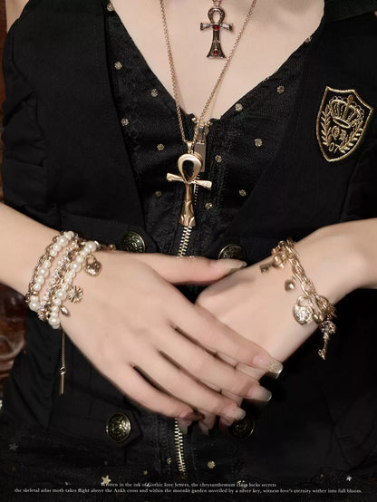 Layered Pearl Heart Charm Bracelet – Vintage Lock Heart Multi-Strand Beaded Bracelet for Women