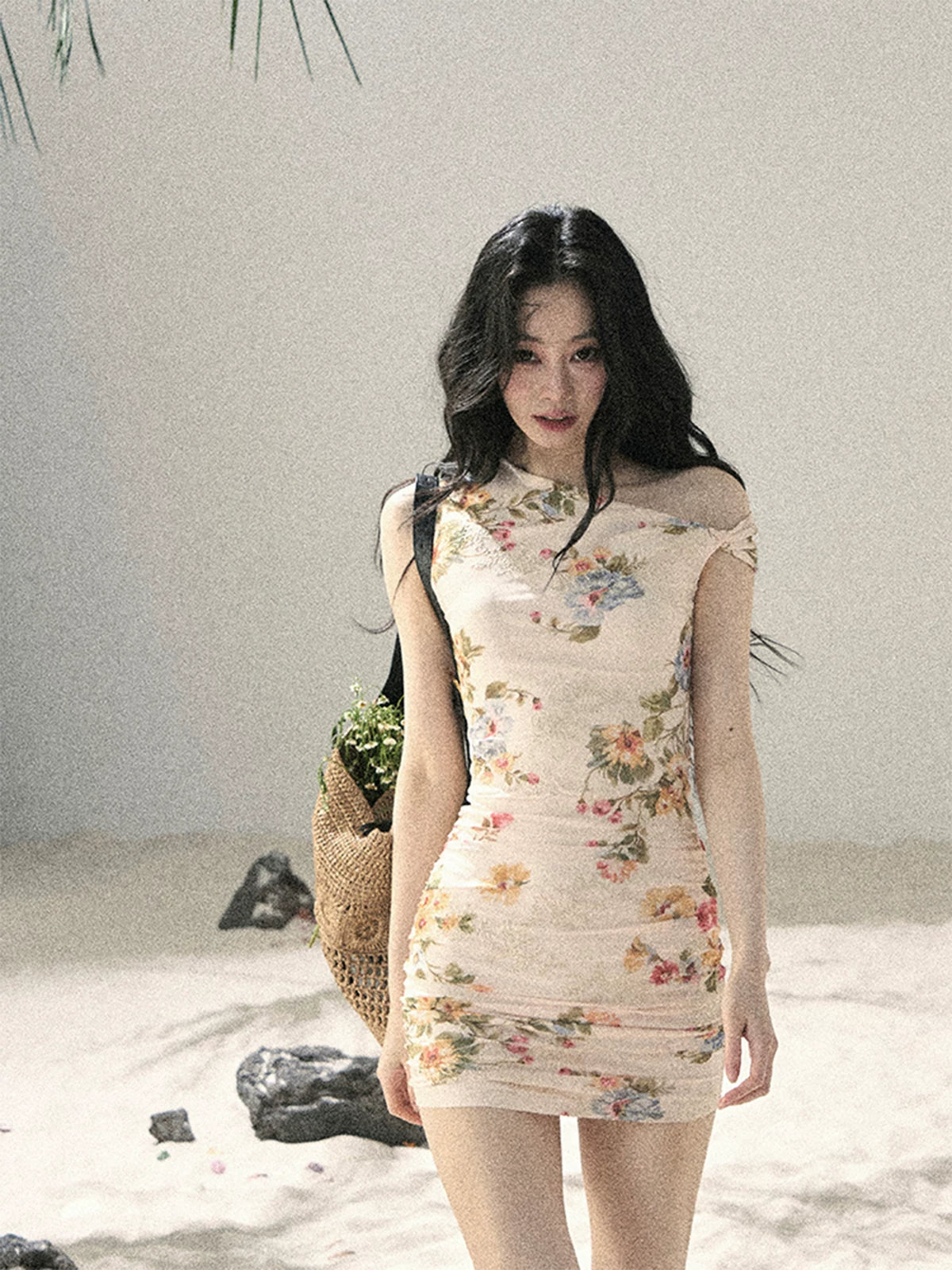 "Waiting for Blossoms" Dutch Cream Floral Ruched Mini Dress 43236