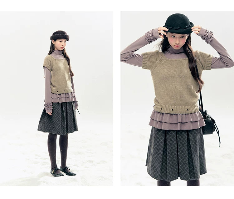 "Lavender Mist" Smoky Mauve Ruffle Ruched Turtleneck Knit Top