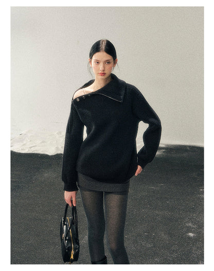 少也眼 "Dark Undertow in Zero Gravity" High-Neck Structured Knit Top