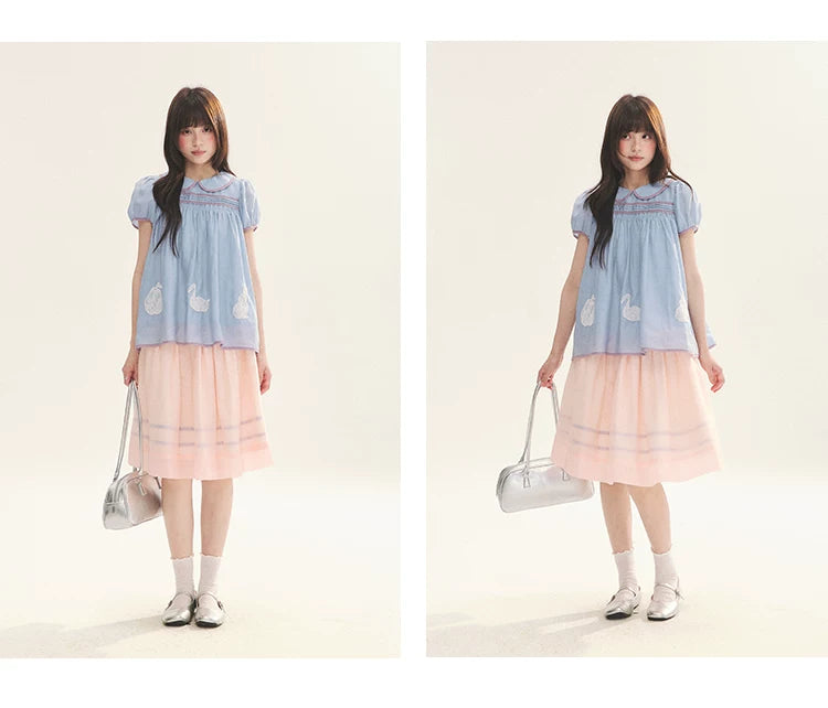 "Antique Dollhouse" Lace Appliqué Peter Pan Collar Puff Sleeve Blouse (Ivory White/ Still Blue)