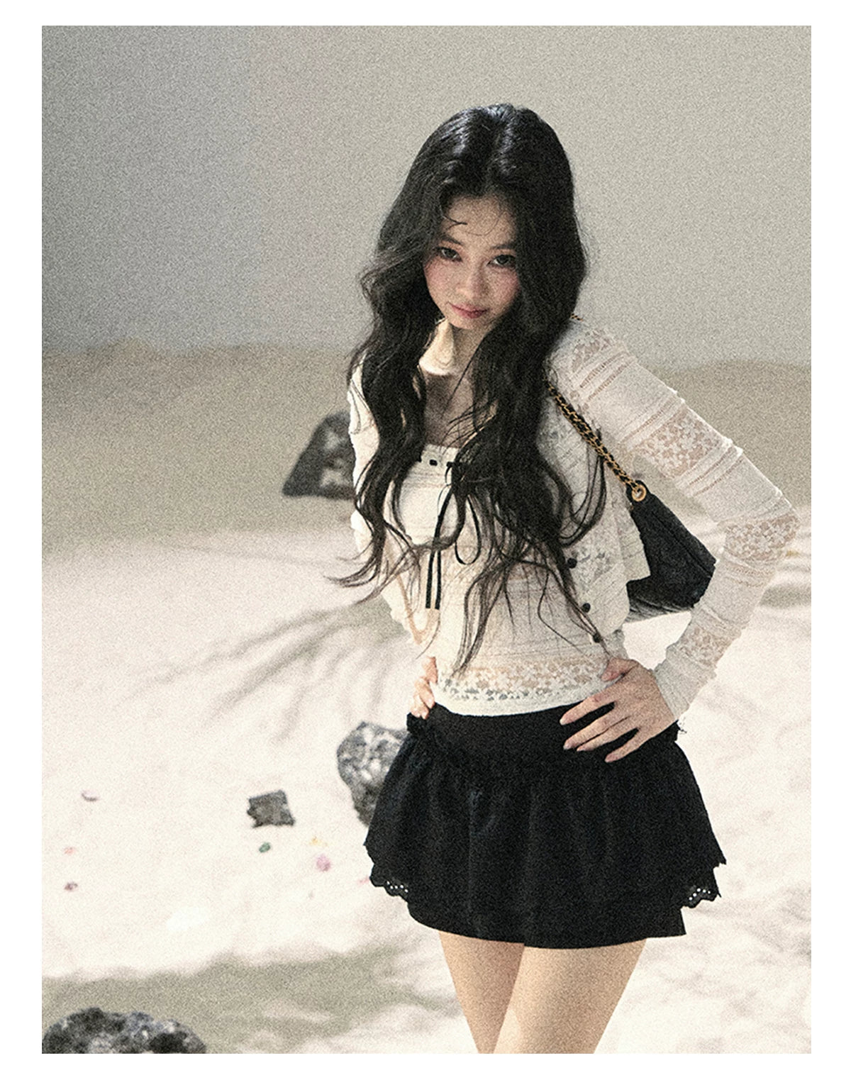 "Summer Shimmer Reverie" Creamy Oat White Lace Cutout Cardigan & Camisole Set 5864536513
