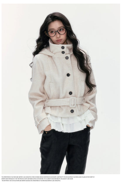 24olvides - Beige Hooded Wool-Blend Coat with Waist Belt