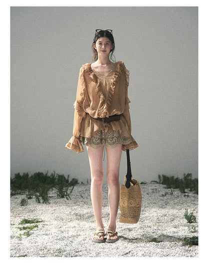 “Whispers of the Wind” Ash Caramel Lace Chiffon Blouse (With Belt)