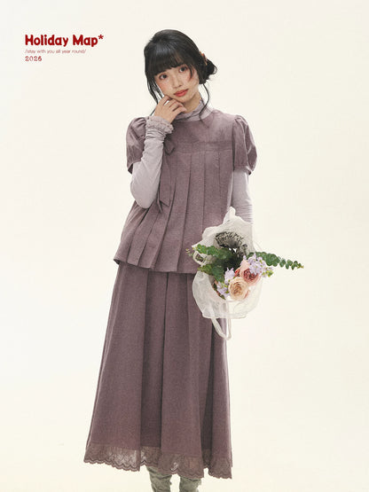 "Whispers Between Pleats" Gray Grape Purple Pleated Top & Maxi Skirt Set