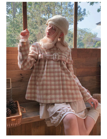 RF - Dusty Pink Plaid Wool-Look Coat with Detachable Fur Collar
