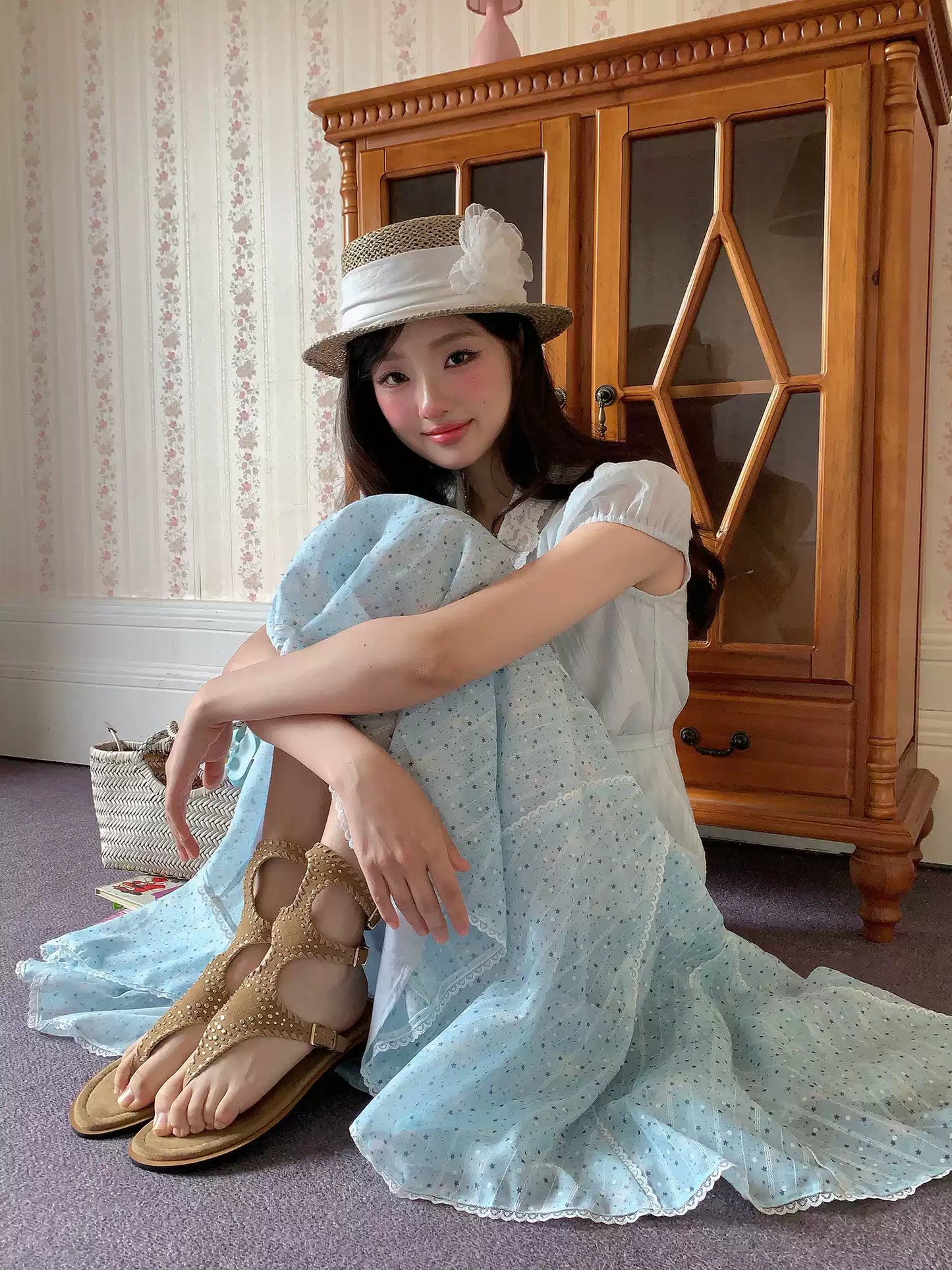 “Blue Berry Stardust” Blue Floral Polka Dot Skirt