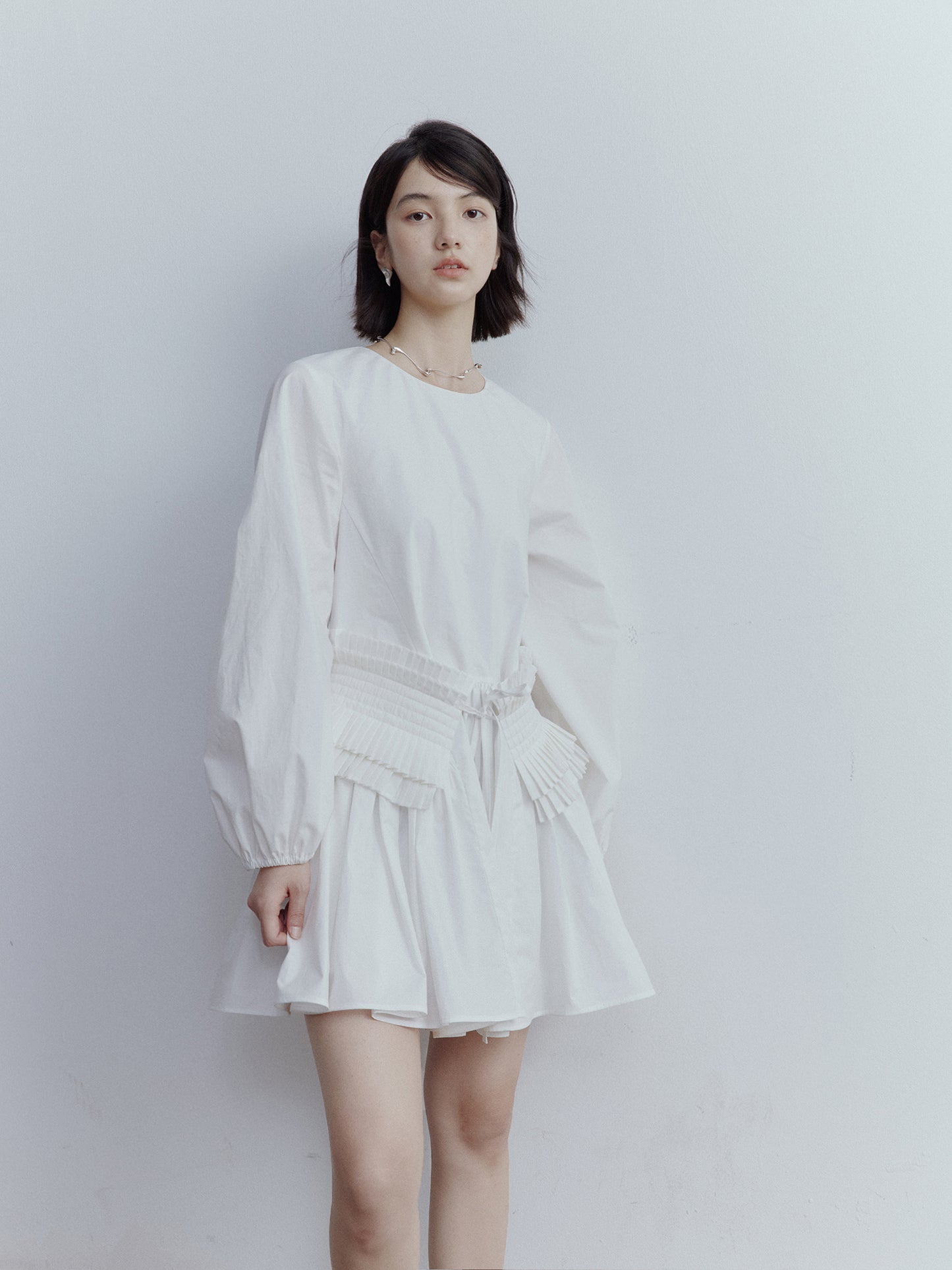 FUSSED Fragmented Dream Mist White Pleated Cotton Doll Dress FOF-25SS159a