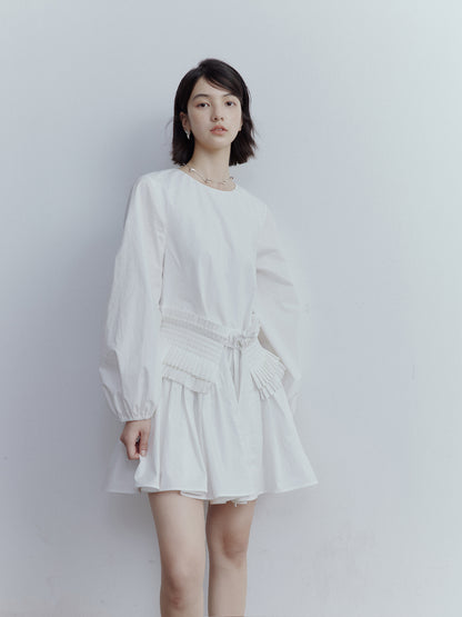 FUSSED Fragmented Dream Mist White Pleated Cotton Doll Dress FOF-25SS159a