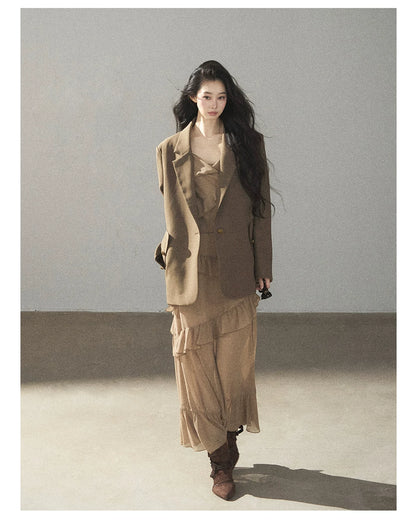 AOMALM - Cinnamon Gray-Brown Ruffle Chiffon Maxi Dress