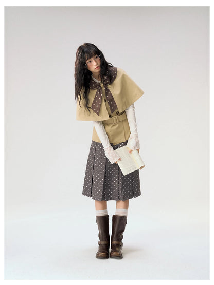 [CAN] "Afternoon Tea Break" Khaki Bow Cape Trench Coat Set
