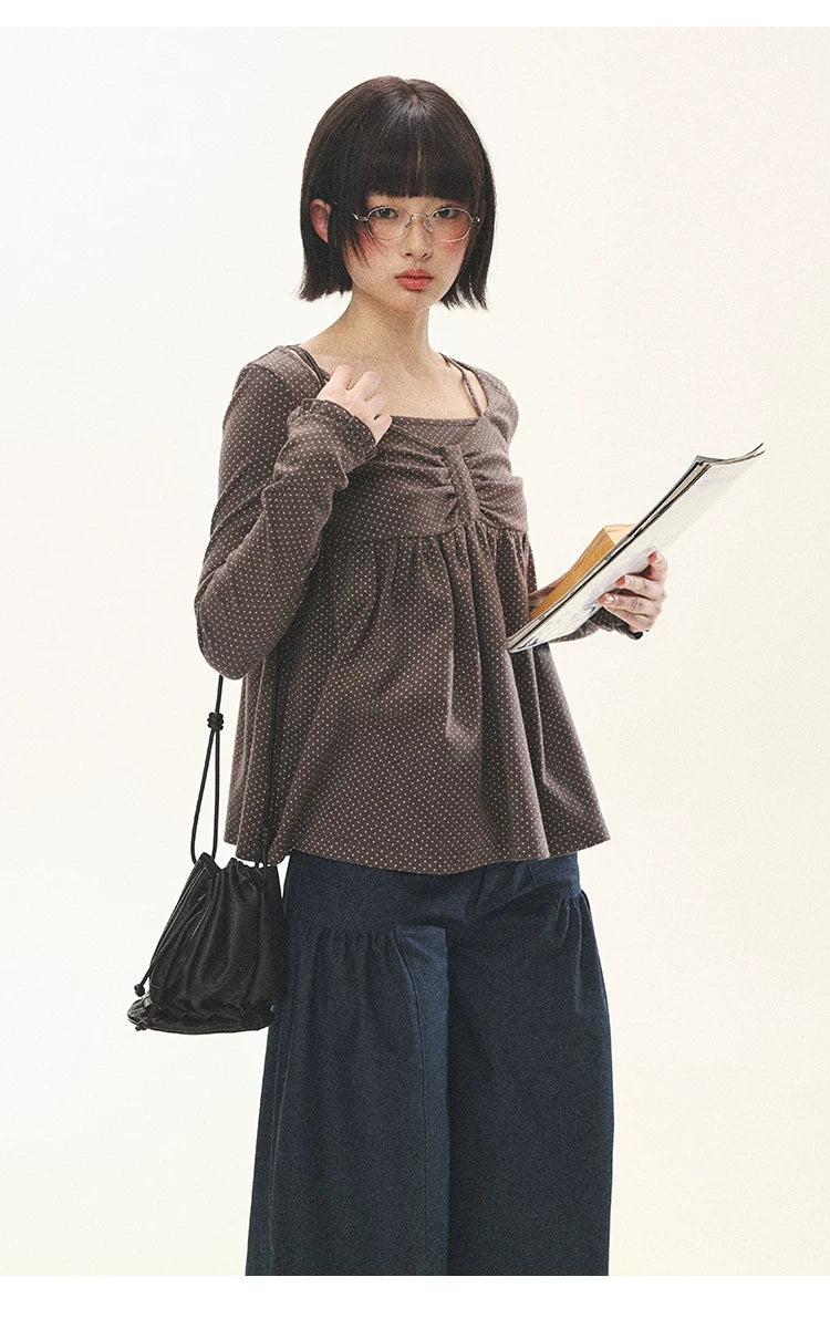 "Sweet Favorite" Polka Dot Faux-Layer Bow Knit Top (Gray Brown/ Blush Pink)