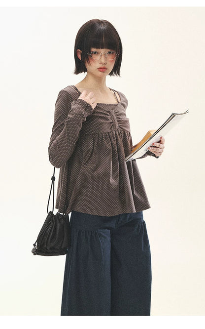 "Sweet Favorite" Polka Dot Faux-Layer Bow Knit Top (Gray Brown/ Blush Pink)