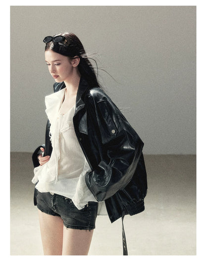 AOMALM - "Solo Journey" Quiet Black Oversized PU Moto Jacket