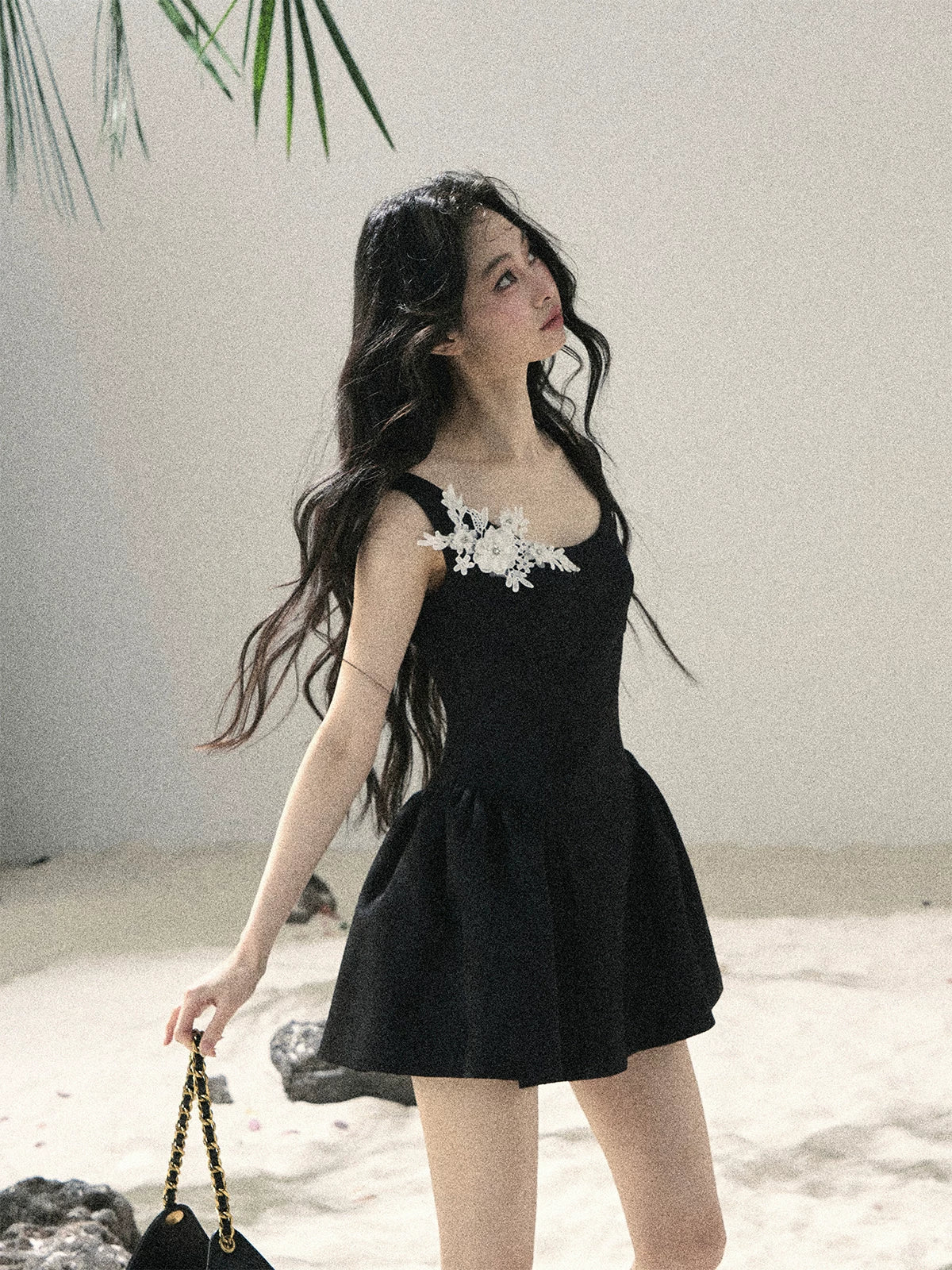 "Wisteria Climbing the Vines" Black Iris Floral Lace Puff Mini Dress 7645