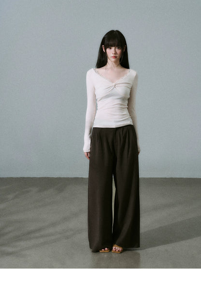LOST FOREST - Low-Rise Triple-Pleat Wide-Leg Trousers (Black / Red Brown / Gray)