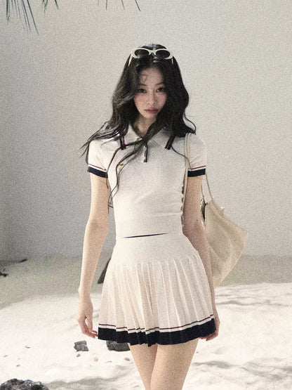 "Moonlight in Pieces" Cloud White Ribbed Knit Top & Pleated Mini Skirt Two-Piece Set