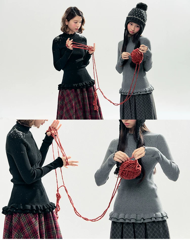 "Soft Whisper" Ruffle Mock Neck Ribbed Knit Top (Ivory/ Smoky Gray)