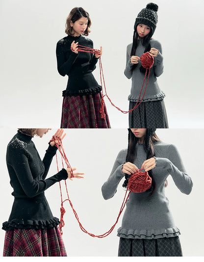 "Soft Whisper" Ruffle Mock Neck Ribbed Knit Top (Ivory/ Smoky Gray)