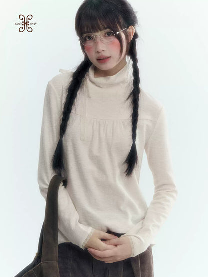 Floral Bow Lace-Tie Knit Top (Gray Floral / Light Khaki Beige)