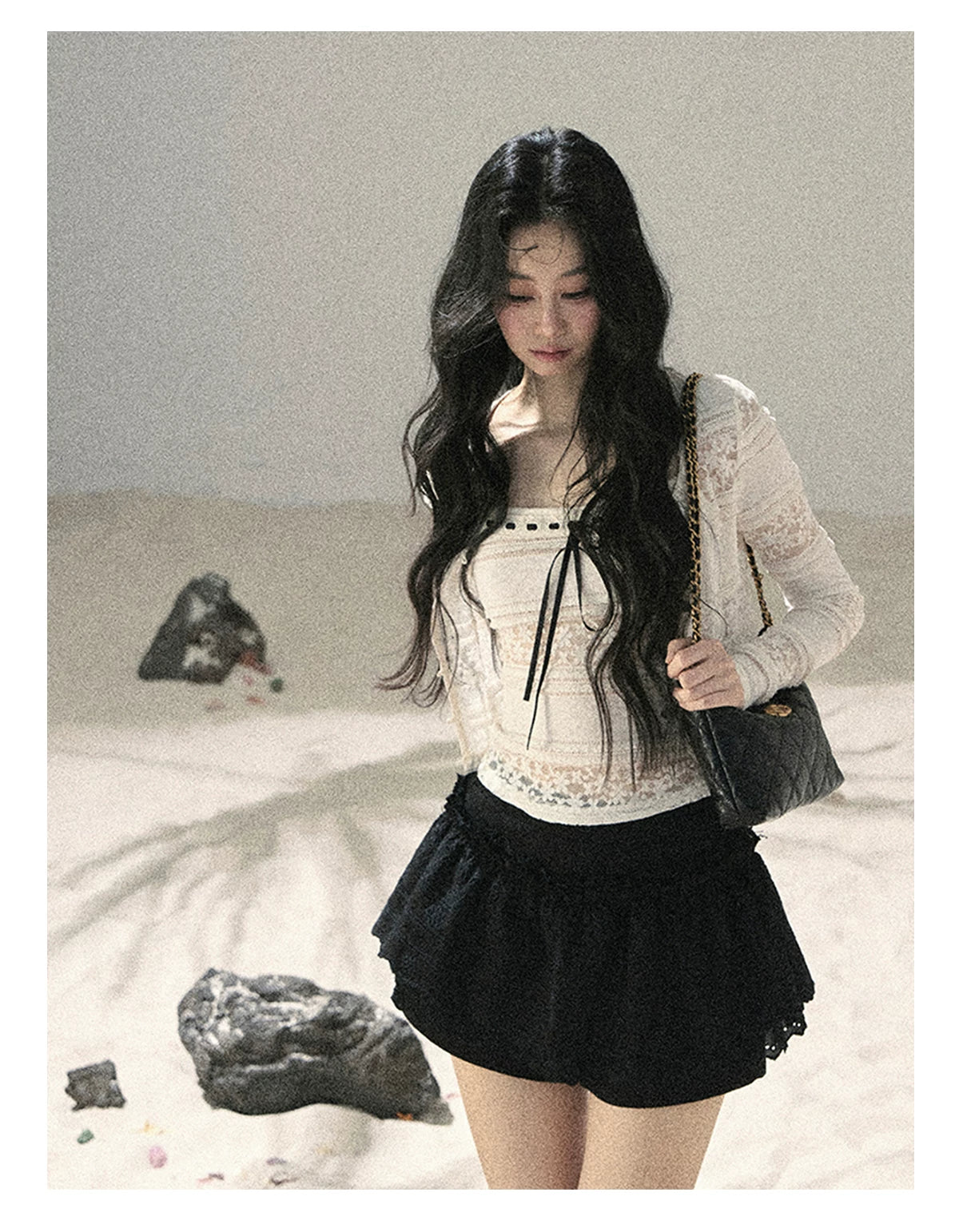 "Summer Shimmer Reverie" Creamy Oat White Lace Cutout Cardigan & Camisole Set 5864536513