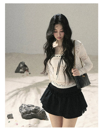 "Summer Shimmer Reverie" Creamy Oat White Lace Cutout Cardigan & Camisole Set 5864536513