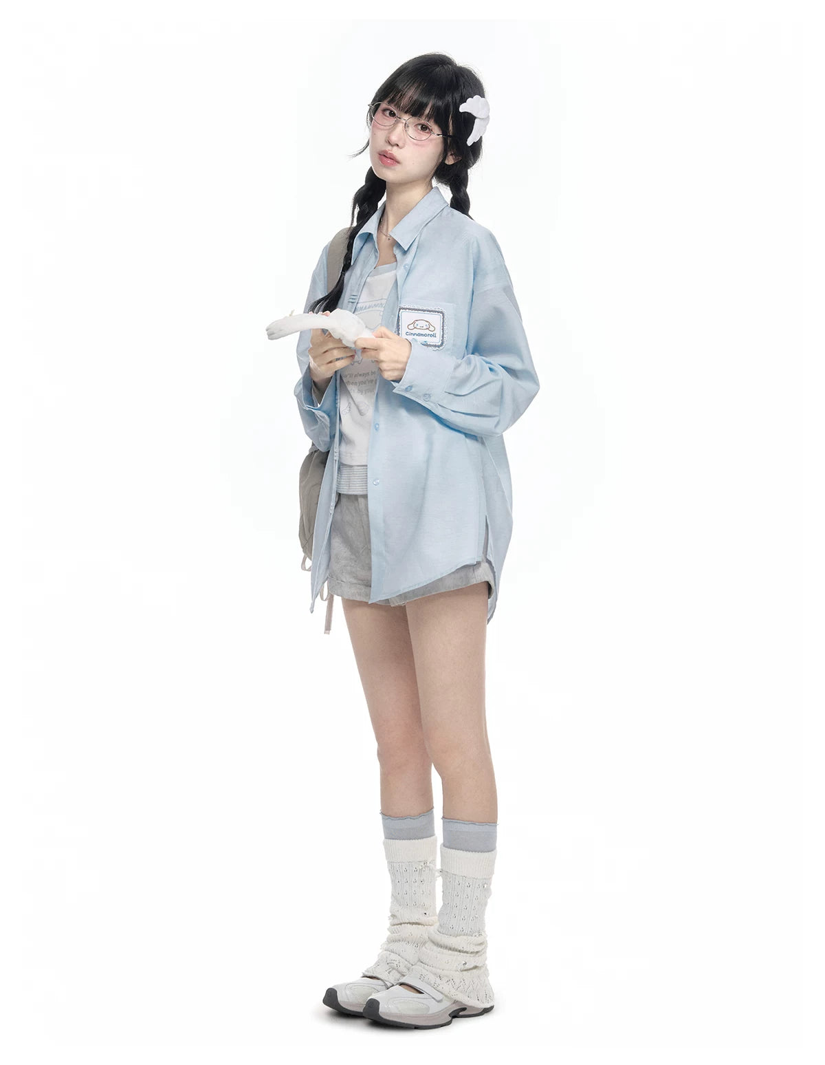 170726K "Campus Icons" Gray Purple Relaxed Polo Overshirt (Kuromi / My Melody / Cinnamoroll)