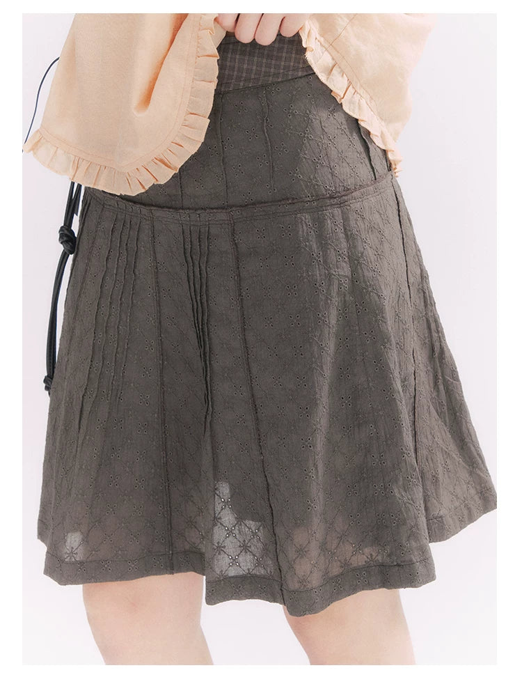 “Misty Texture” Gray Plaid Trim Embroidered A-Line Skirt