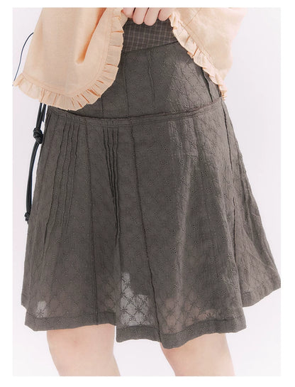 “Misty Texture” Gray Plaid Trim Embroidered A-Line Skirt