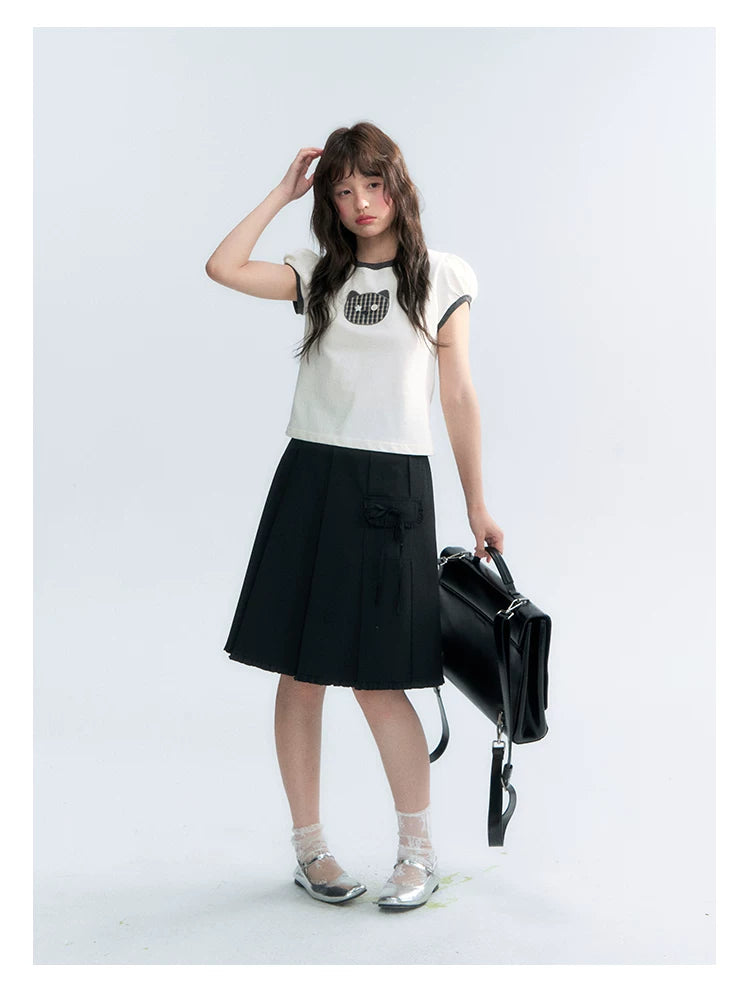 "Hide and Seek" Ivory Cat Patchwork Embroidered Puff Sleeve T-Shirt